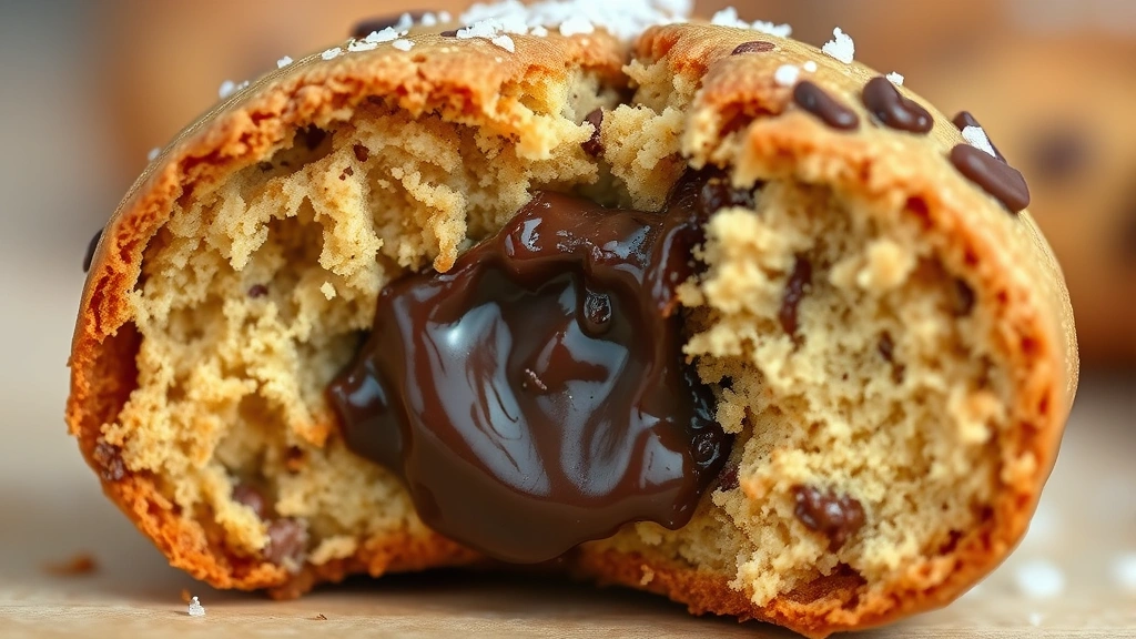 detail: cross-section of freshly baked warm cookie showing gooey melted chocolate center and tender crumb structure, fleur de sel crystals on top, shallow depth of field, natural light, no text