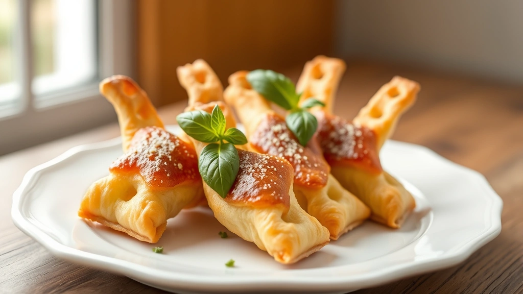 hero: golden-brown puff pastry Minecraft levers with cheese filling on white ceramic platter, fresh basil garnish, natural window light, shallow depth of field