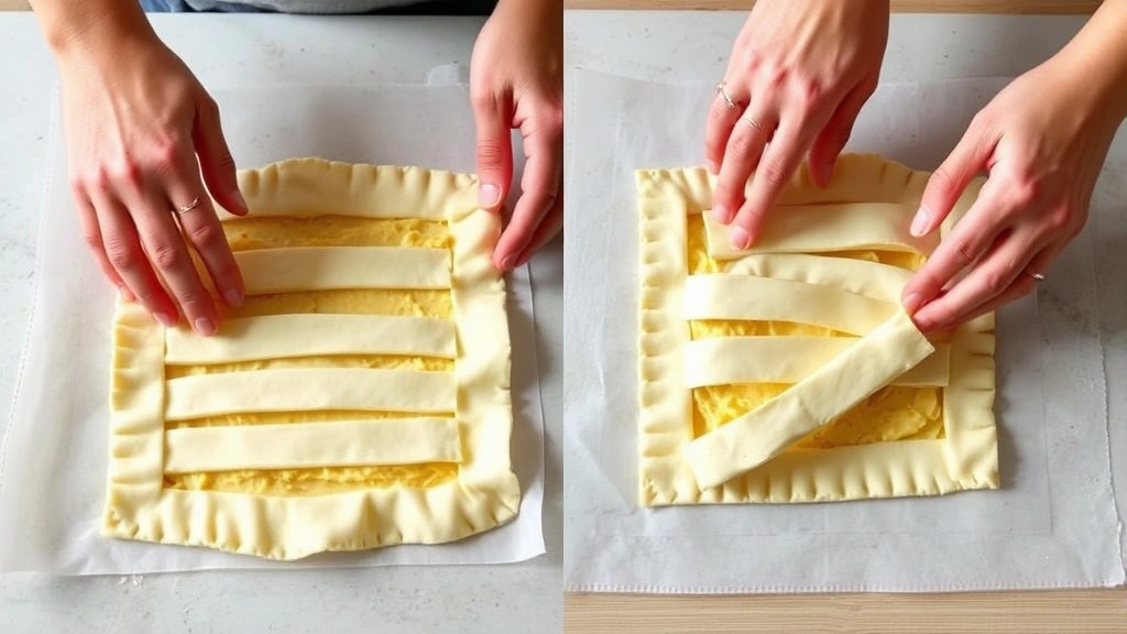 process: hands shaping puff pastry strips over cheese filling on parchment paper, pastry folding technique, overhead angle, natural kitchen lighting