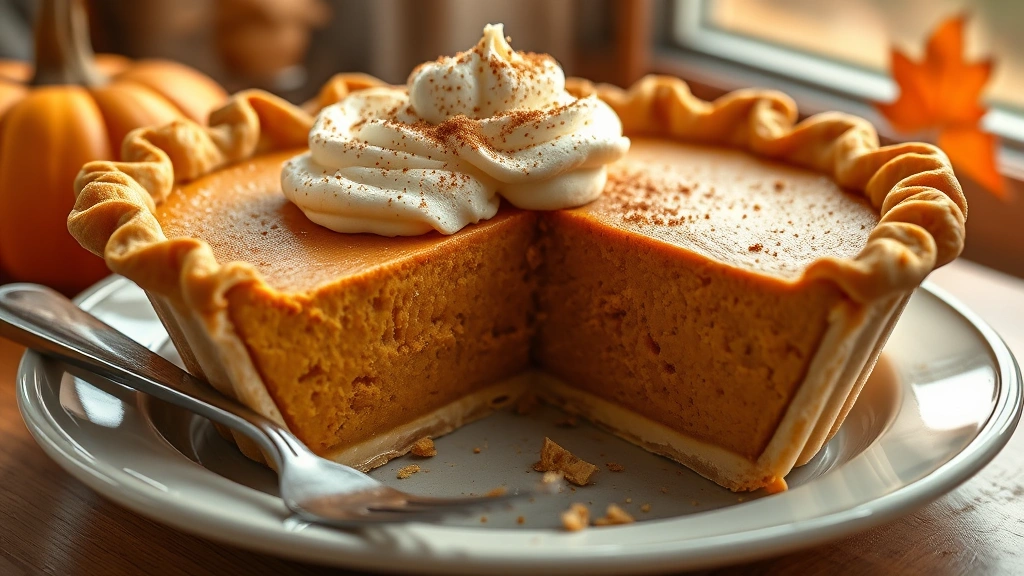 hero: golden-brown Libby's pumpkin pie with fluted crust edge, topped with generous dollop of whipped cream and cinnamon sprinkle, warm autumn lighting from window, slice removed showing creamy filling, photorealistic, natural light, no text