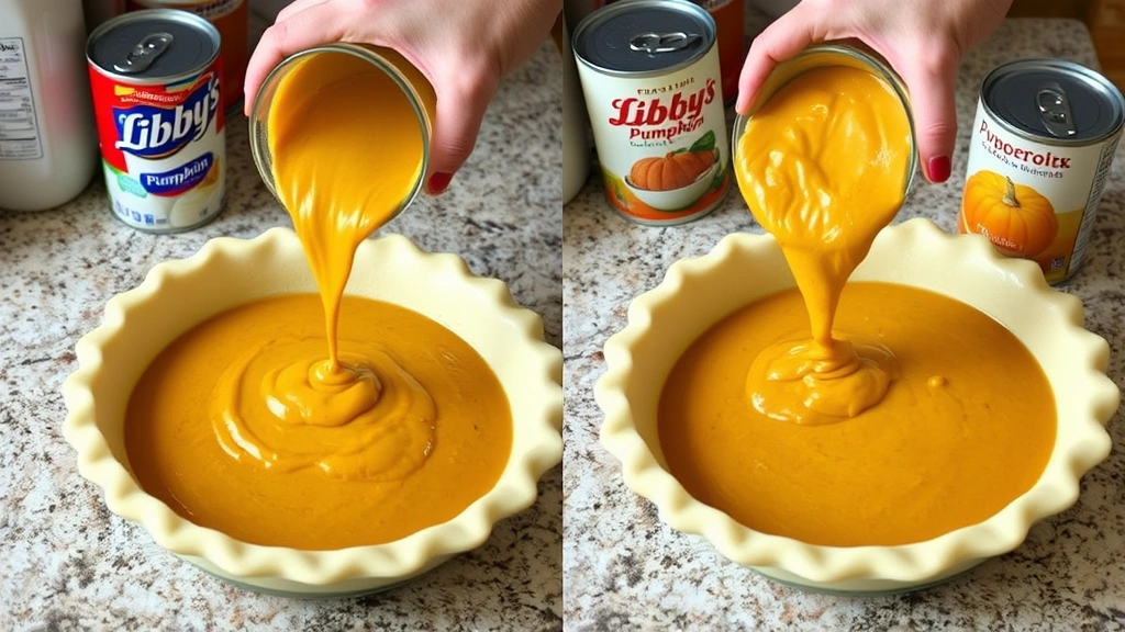 process: hands pouring smooth pumpkin filling into unbaked pie crust, filling three-quarters full, evaporated milk can and Libby's pumpkin can visible nearby, kitchen counter setting, photorealistic, natural light, no text