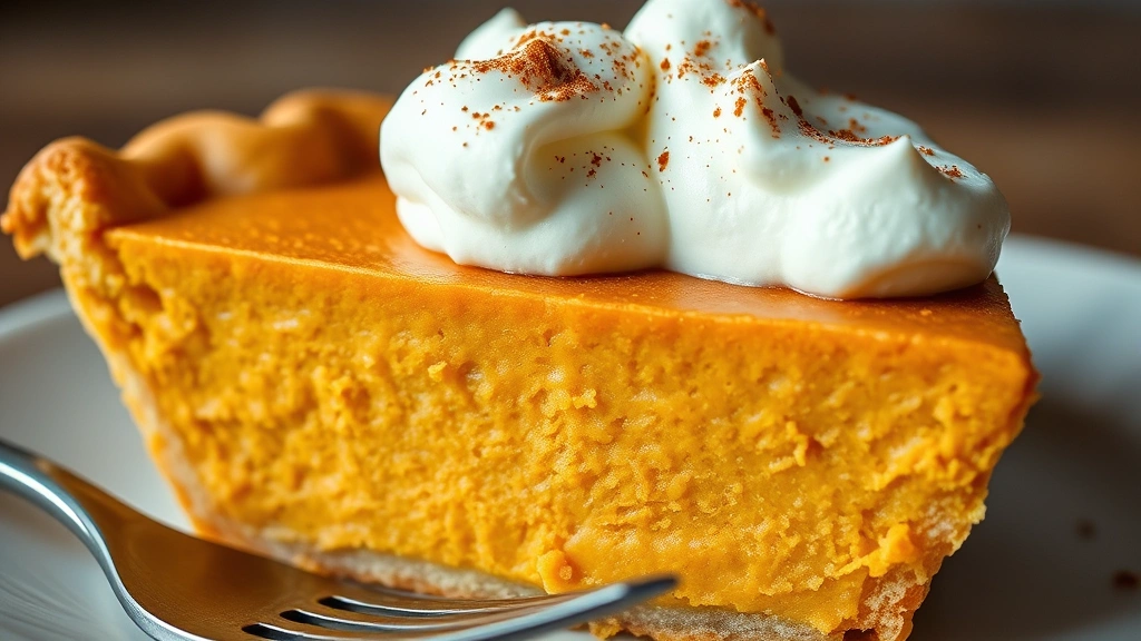 detail: close-up cross-section of baked pumpkin pie showing creamy custard-like texture, whipped cream dollop on top with cinnamon sprinkle, fork or knife edge visible, photorealistic, natural light, no text