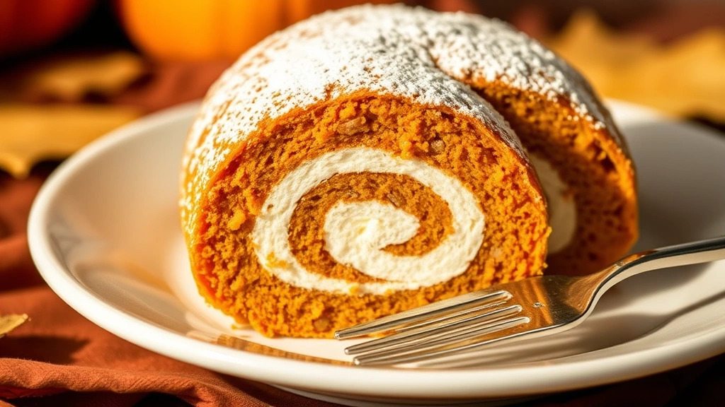 hero: Libby's pumpkin roll dusted with powdered sugar, sliced to show spiral filling, on white plate with fork, warm autumn lighting, no text