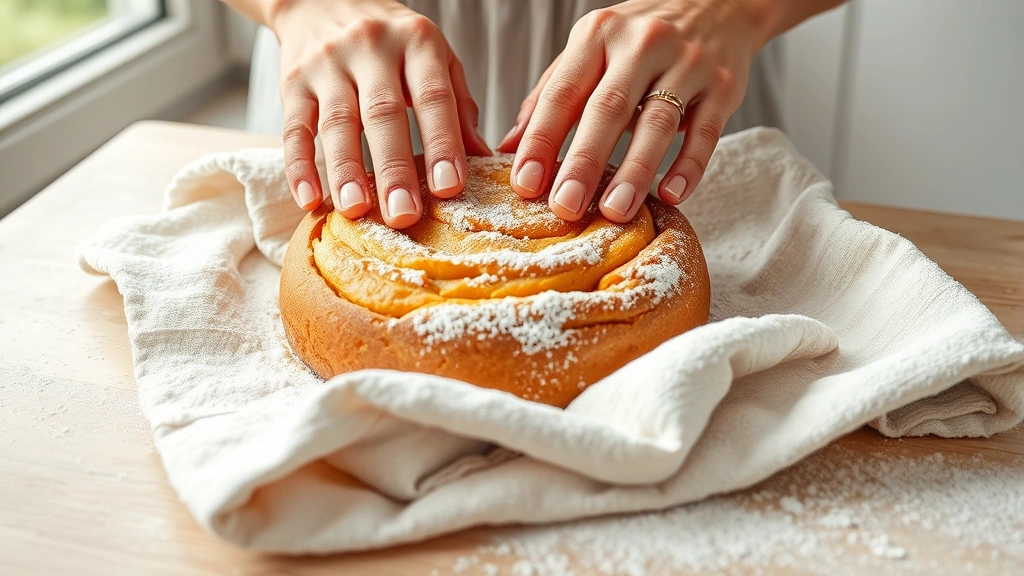 process: hands rolling warm pumpkin cake in powdered sugar-coated kitchen towel, bright natural window light, no text