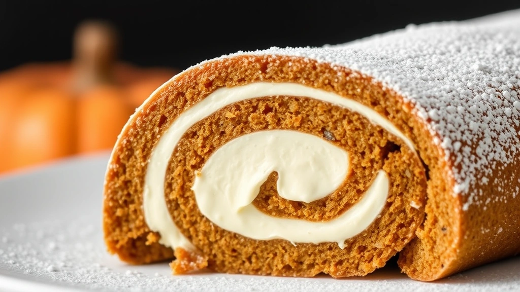 detail: close-up of pumpkin roll cross-section showing cream cheese filling swirl, powdered sugar dusting, shallow depth of field, no text