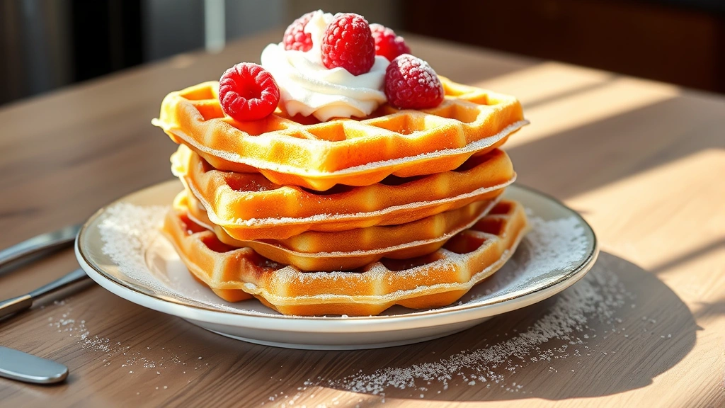 hero: stack of golden Belgian Liège waffles with caramelized pearl sugar visible, dusted with powdered sugar and topped with fresh whipped cream and raspberries, natural morning sunlight streaming across the plate, photorealistic, no text