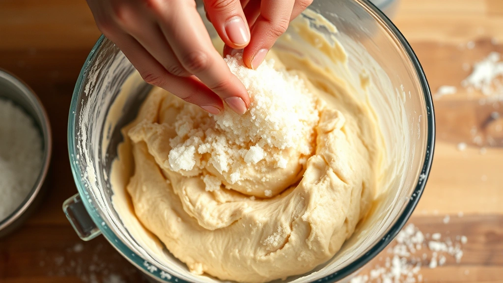 process: hands folding pearl sugar into rich brioche dough in a mixing bowl, sticky dough texture visible, warm kitchen lighting, photorealistic, no text