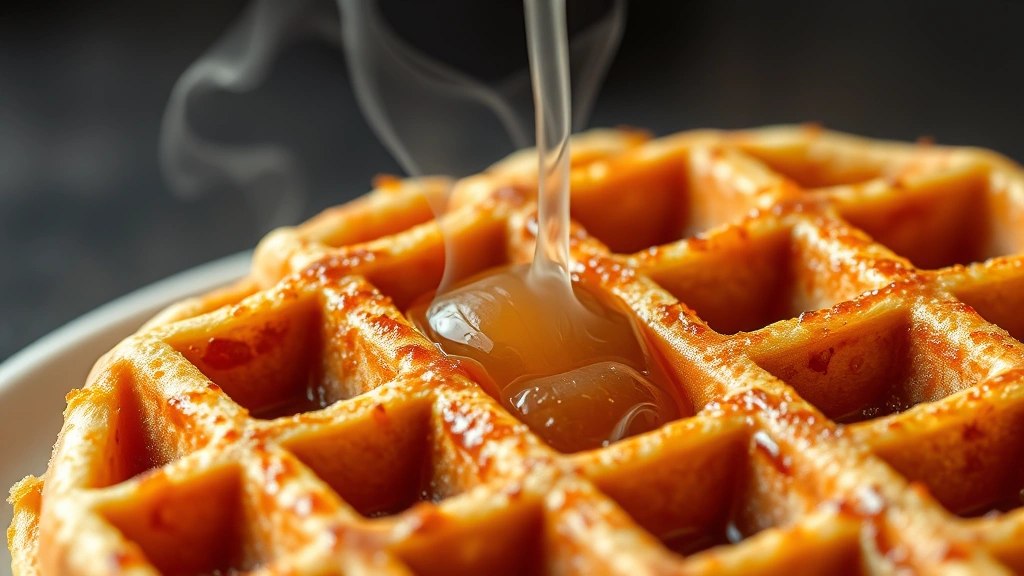 detail: close-up of single waffle showing caramelized pearl sugar pockets and crispy exterior, steam rising, golden brown color, photorealistic, no text