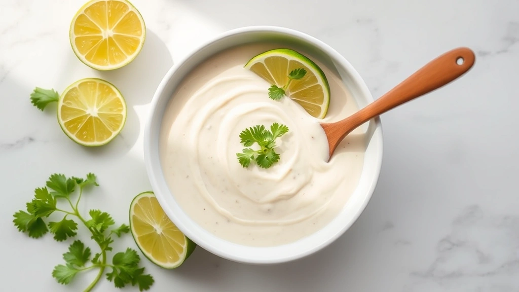 hero: creamy lime-colored crema sauce in a white bowl with fresh lime wedges, cilantro garnish, and a wooden spoon, photographed from above with bright natural window light on white marble surface