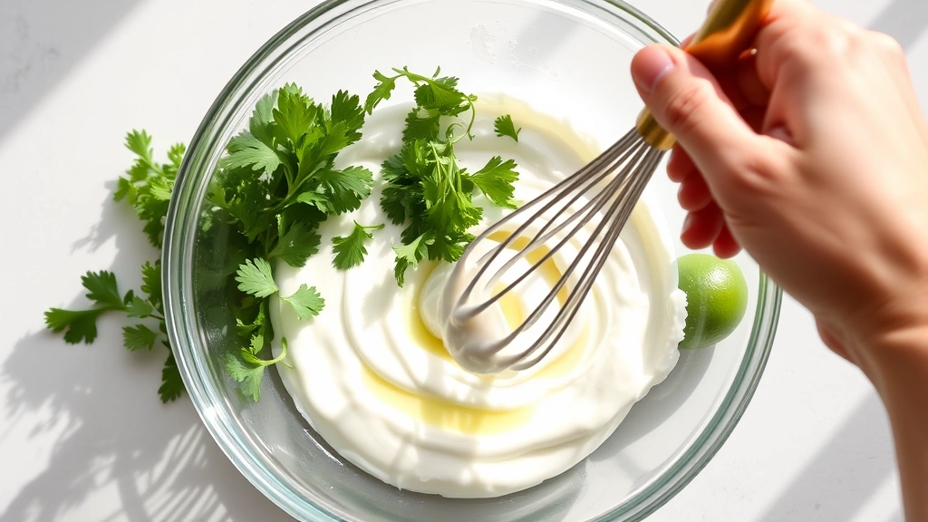process: hands whisking together sour cream and mayonnaise in a glass bowl with fresh cilantro and lime visible, photographed mid-action with natural daylight and soft shadows