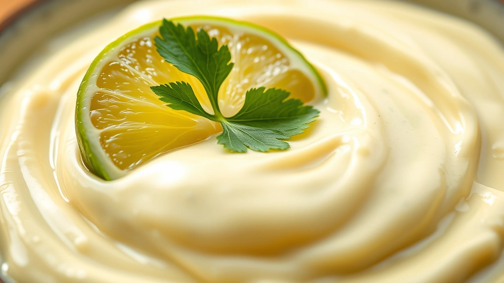 detail: close-up of smooth lime crema texture with a lime wedge and cilantro leaf on top, shot with shallow depth of field and warm natural lighting