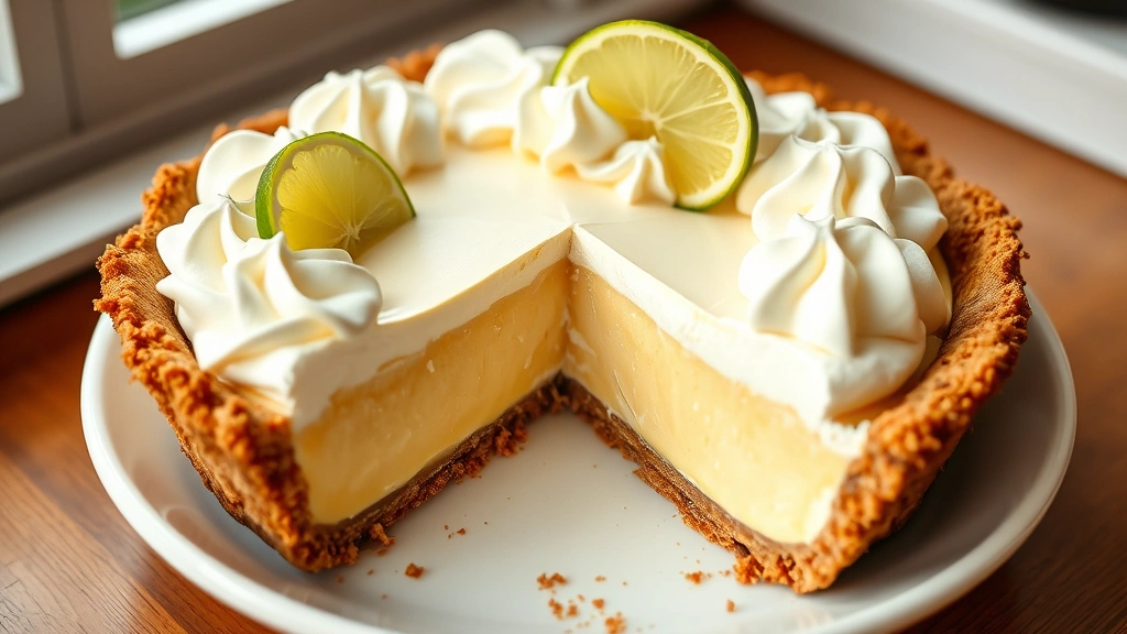 hero: whole key lime pie with graham cracker crust and whipped cream topping, slice removed showing creamy filling, fresh lime garnish, photorealistic, natural window light, no text, on white ceramic plate