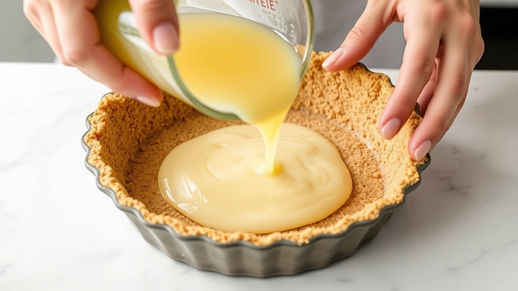 process: hands pouring lime juice filling into graham cracker crust in pie dish, batter visible, bright kitchen lighting, photorealistic, no text