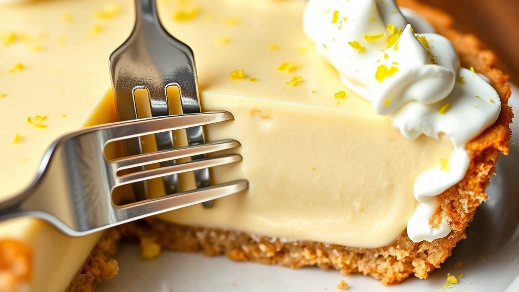detail: close-up cross-section of key lime pie showing layers of crust and creamy filling, fork piercing through, whipped cream dollop on side, lime zest sprinkled on top, photorealistic, natural light, no text