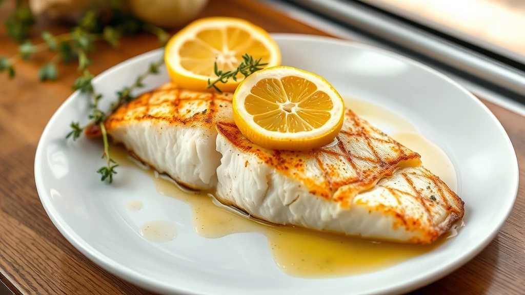 hero: golden pan-seared ling cod fillet with crispy skin, garnished with fresh thyme and lemon slices, aromatic butter sauce, served on white plate, photorealistic, natural window light, no text