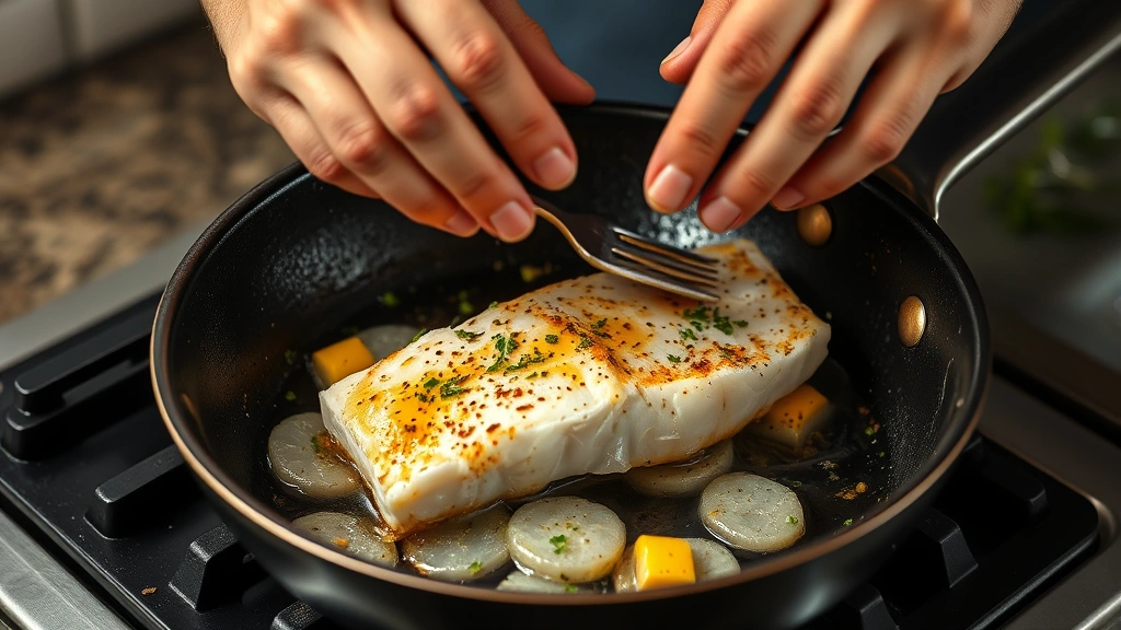 process: hands flipping ling cod fillet in hot skillet with melted butter, garlic, and herbs, sizzling action shot, photorealistic, natural light, no text