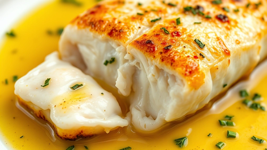 detail: close-up of perfectly cooked ling cod with flaky white interior, crispy golden skin, glossy butter sauce with fresh herbs, photorealistic, natural light, no text