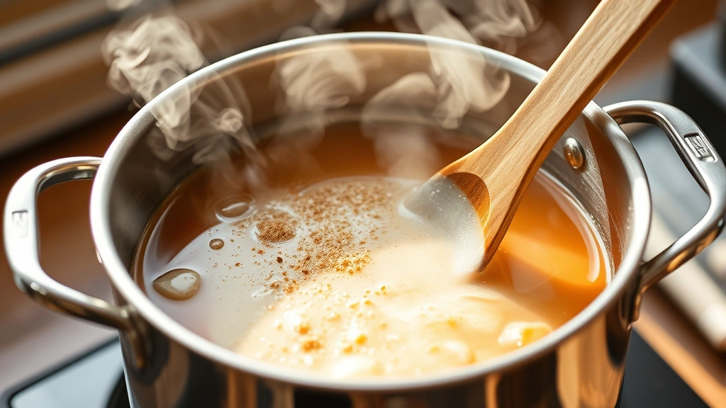 process: double boiler setup with melted ingredients being stirred, golden-tinted liquid, steam rising gently, warm natural lighting, macro photography detail