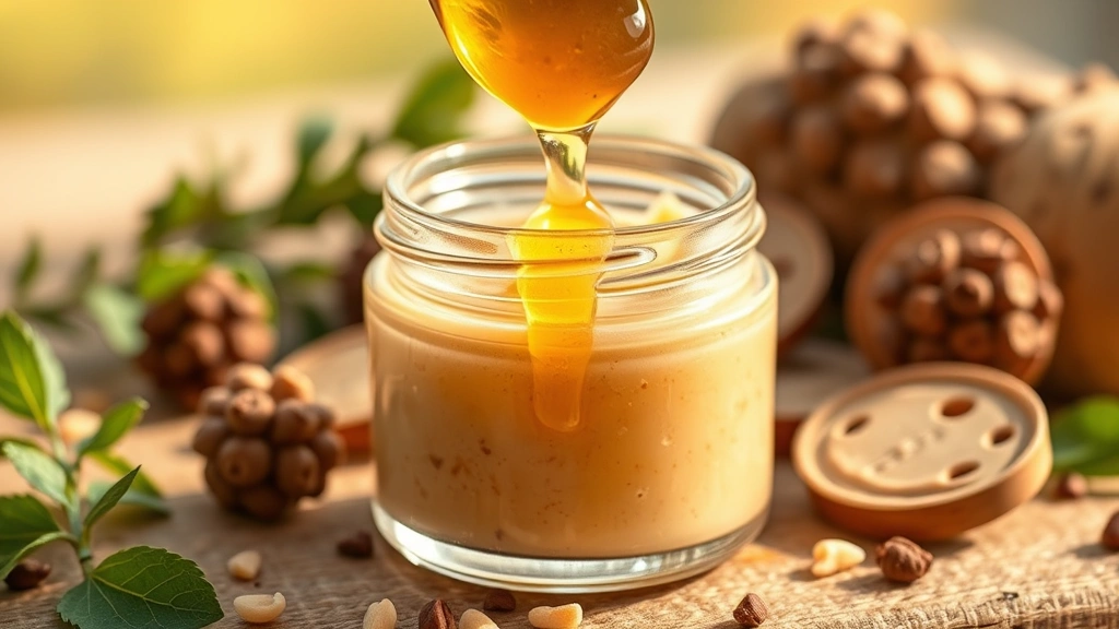 hero: homemade lip scrub in clear glass jar with honey drizzle on top, warm natural sunlight, creamy beige color, fresh ingredients surrounding jar, no text or logos