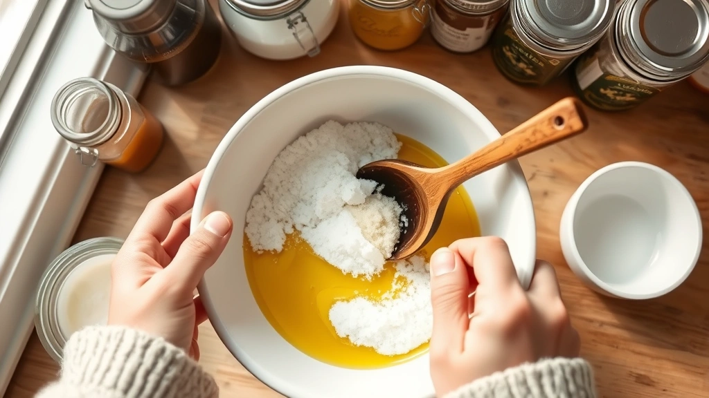 process: hands mixing sugar and oil in white ceramic bowl with wooden spoon, ingredient jars visible in background, natural window light, top-down flat lay perspective, no text