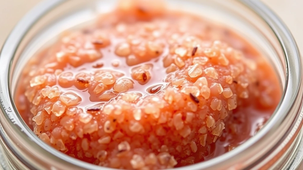 detail: close-up of finished lip scrub texture showing granules and glossy oil, in small glass jar, macro photography, natural daylight, shallow depth of field