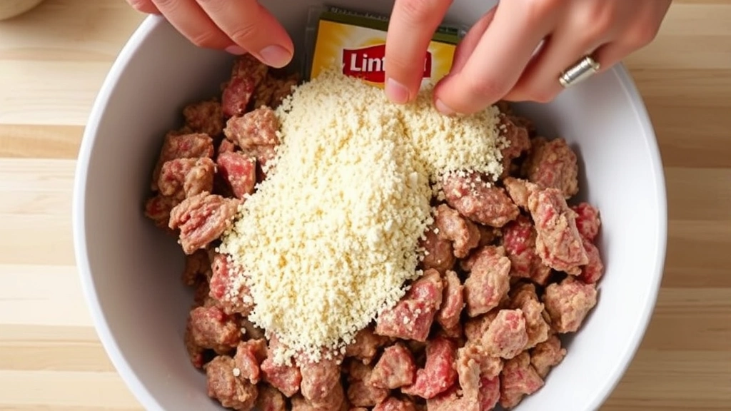 process: hands gently mixing ground beef with Lipton soup mix and breadcrumbs in white bowl, photorealistic, natural kitchen lighting, no text