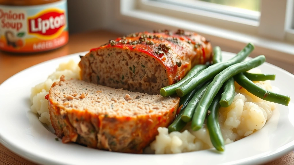 hero: sliced Lipton onion soup meatloaf on a white plate with mashed potatoes and green beans, photorealistic, natural window light, no text