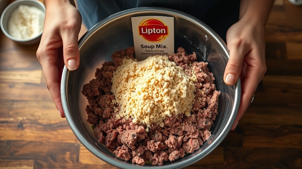 process: hands mixing ground beef with Lipton soup mix and breadcrumbs in a large bowl, photorealistic, warm kitchen lighting, no text