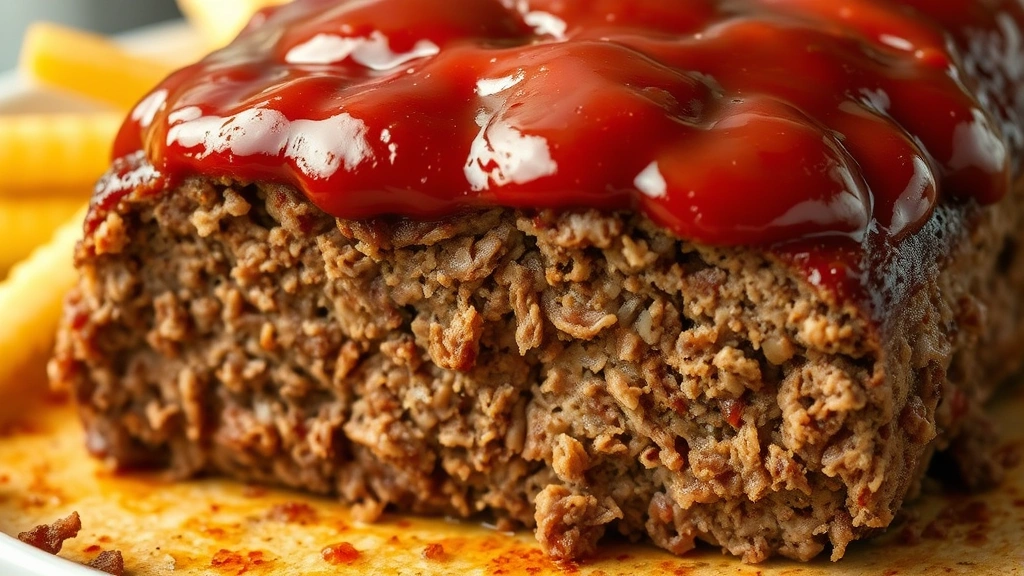detail: close-up cross-section of meatloaf showing moist interior and caramelized ketchup glaze on top, photorealistic, natural light, no text