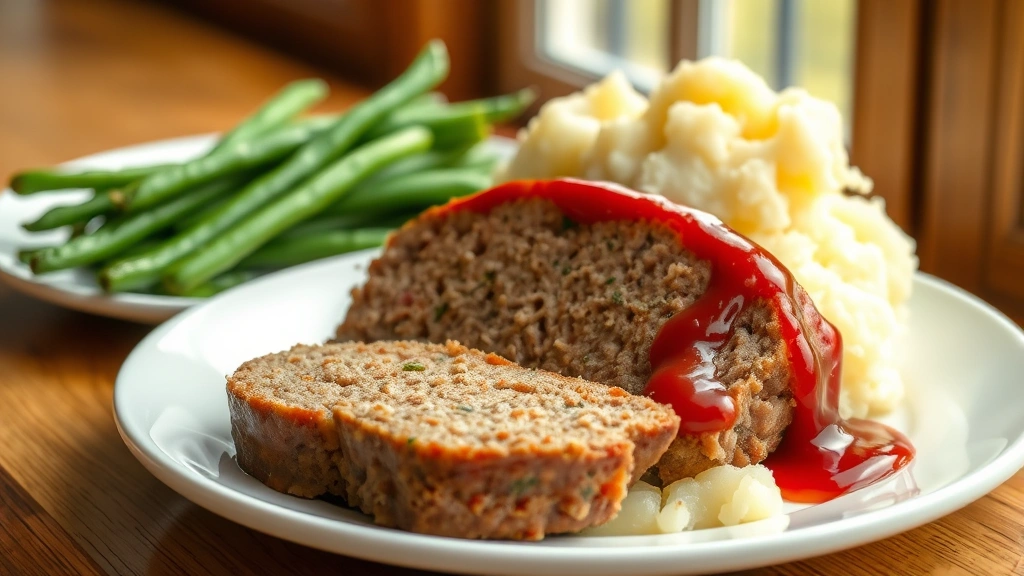 hero: perfectly sliced Lipton onion soup mix meatloaf with glossy ketchup glaze on white plate with mashed potatoes and green beans, photorealistic, warm natural window light, no text