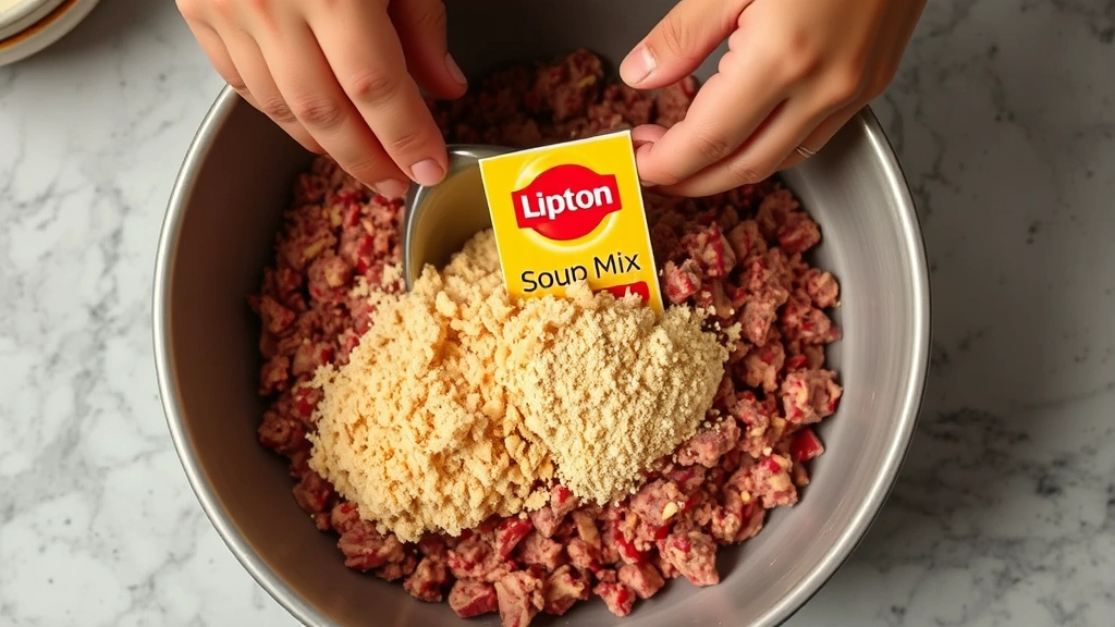 process: hands mixing ground beef with Lipton soup mix and breadcrumbs in large mixing bowl, photorealistic, overhead view, natural kitchen light, no text