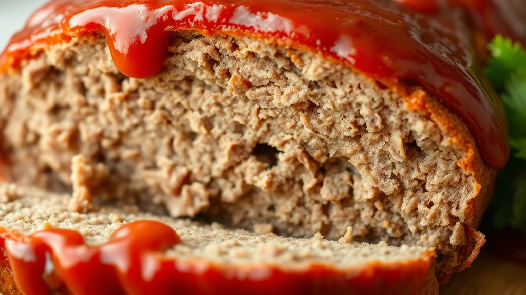 detail: close-up cross-section of sliced meatloaf showing tender interior texture and caramelized ketchup glaze on top, photorealistic, macro photography, natural light, no text