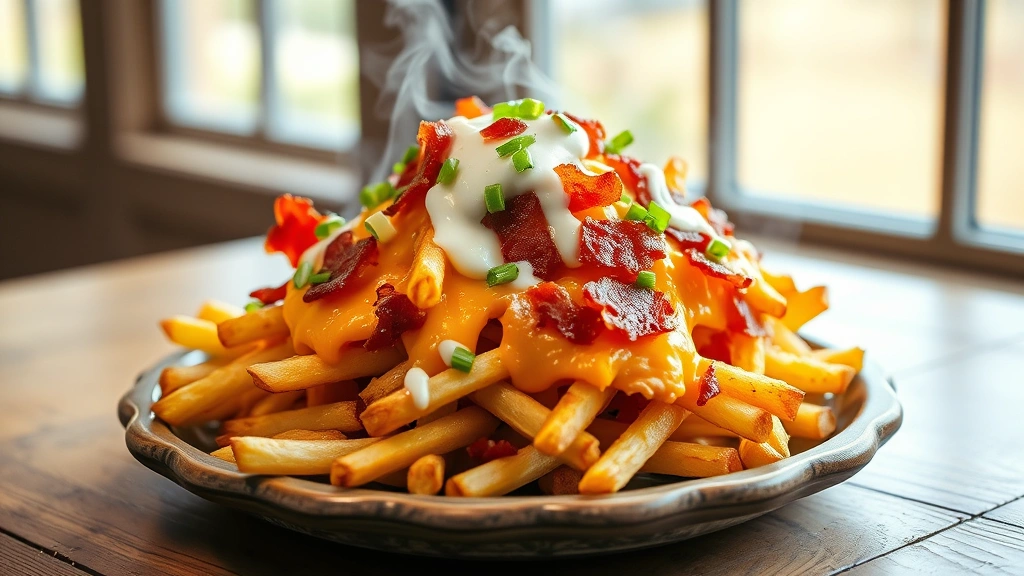 hero: loaded fries heaped on a rustic plate, melted cheddar cheese, crispy bacon pieces, sour cream drizzle, green onions and fresh chives garnish, steam rising, natural window light, wooden table background, no text