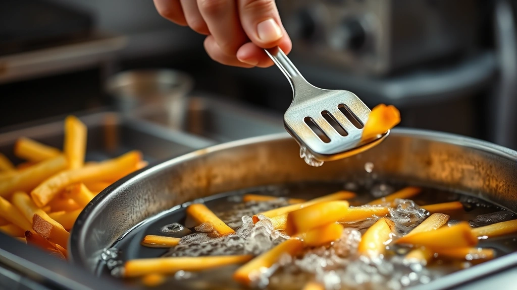 process: hand holding slotted spoon removing golden fries from hot oil, oil bubbling around fries, professional kitchen setting, dramatic natural light, close action shot, no text