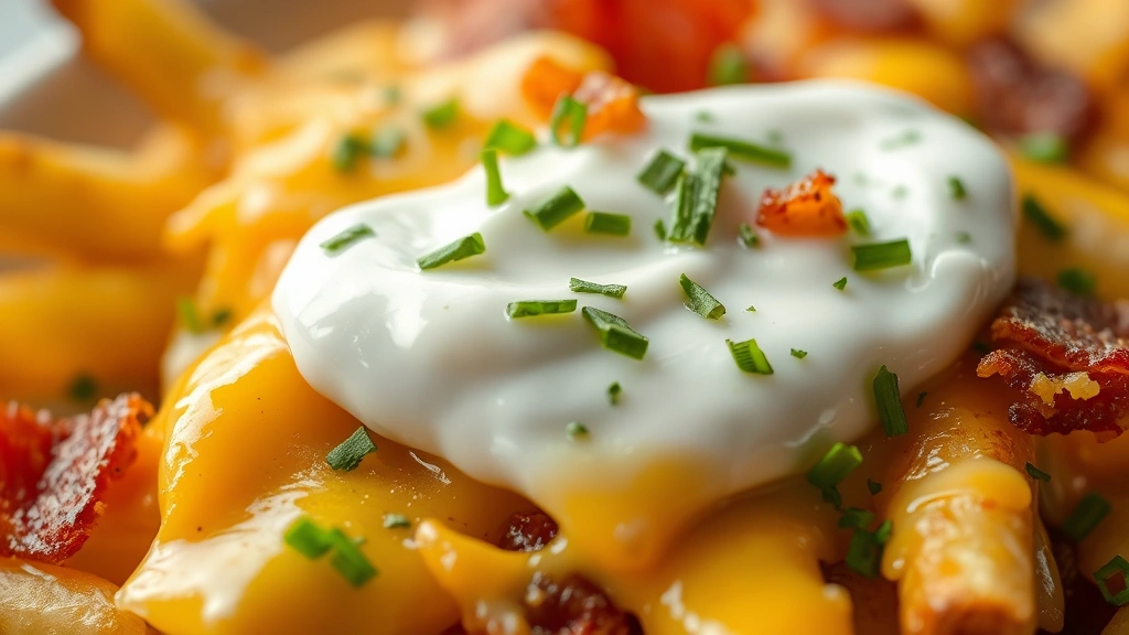 detail: extreme close-up of crispy golden fry with melted cheese, bacon, sour cream dollop, fresh herbs, steam visible, macro photography style, shallow depth of field, no text