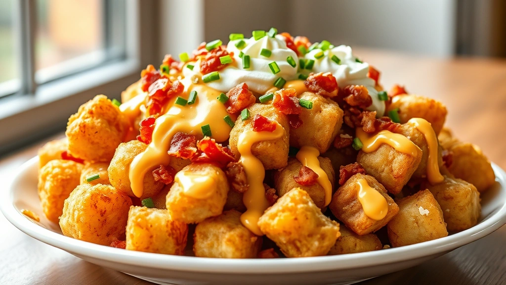 hero: Golden crispy loaded tater tots piled high on a white plate, drizzled with creamy cheese sauce, topped with crumbled bacon, sour cream swirls, and fresh green chives, photorealistic, natural window light, no text