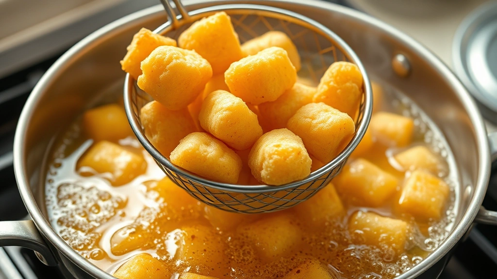 process: Frozen tater tots being carefully placed into hot bubbling golden oil with a spider strainer, steam rising, oil at perfect fry temperature, photorealistic, natural kitchen light, no text