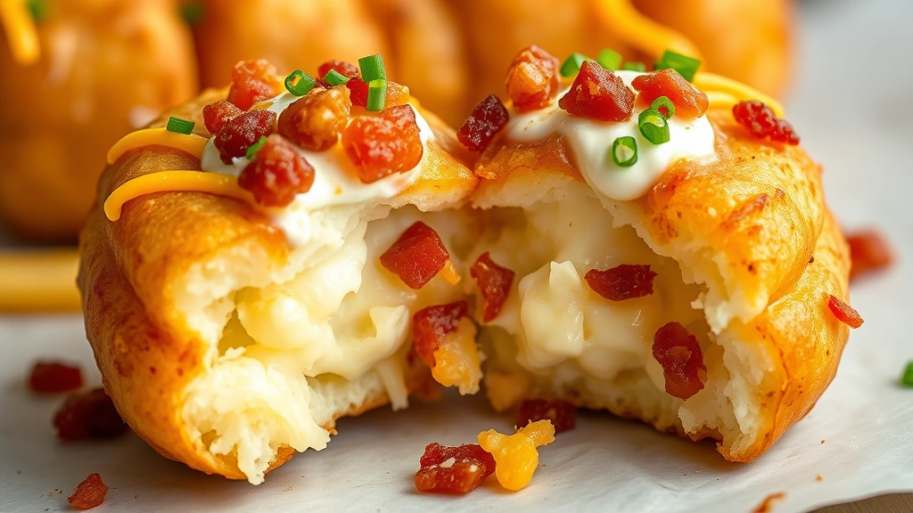 detail: Close-up of a single loaded tater tot cut in half showing crispy golden exterior and fluffy potato interior, covered in melted cheese and bacon bits with sour cream and chives, photorealistic, natural light, no text