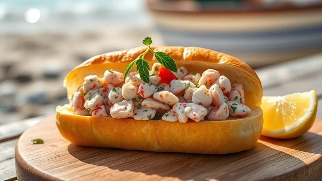 hero: golden buttered brioche roll filled with creamy pink lobster salad, fresh herbs on top, lemon wedge beside, nautical beach setting, natural sunlight, professional food photography, no text
