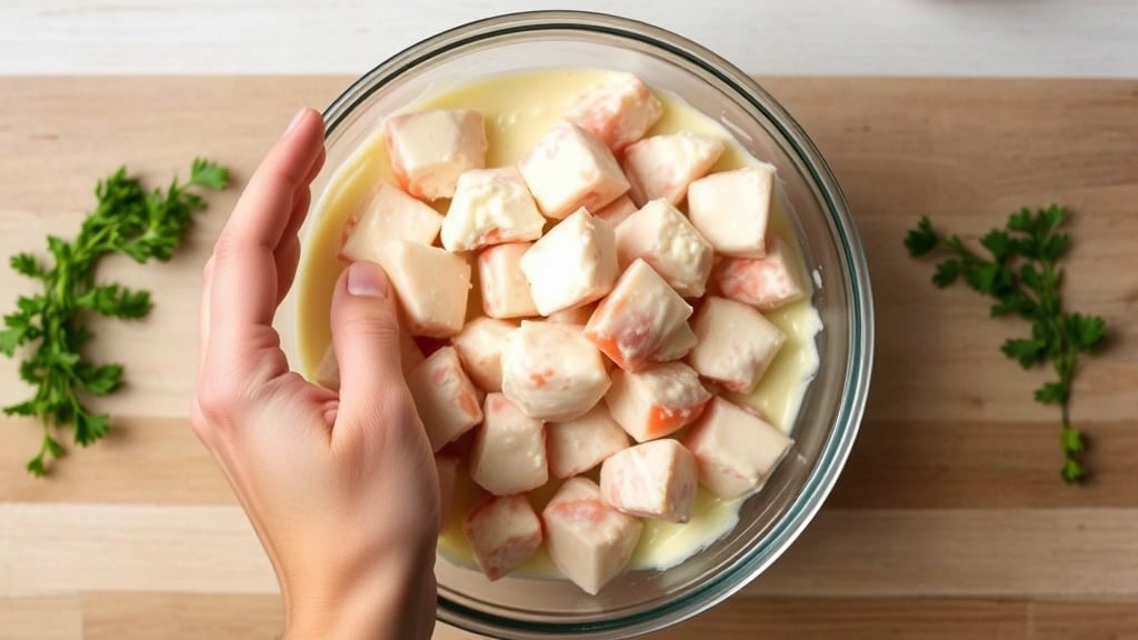 process: hands gently folding chunks of white and pink lobster meat into creamy mayonnaise mixture in glass bowl, fresh herbs scattered nearby, natural kitchen lighting, overhead shot, no text