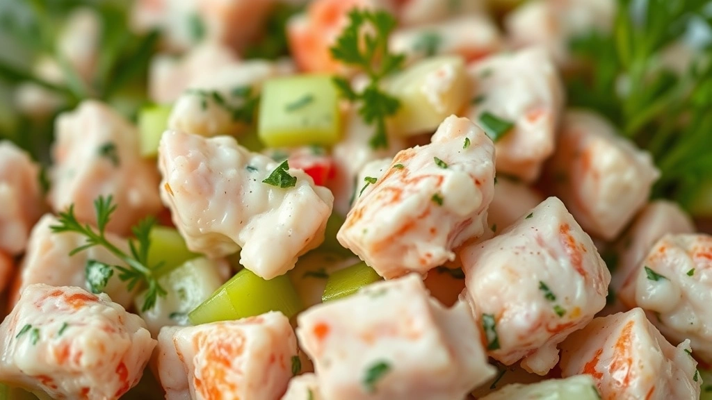 detail: close-up of lobster salad showing tender lobster chunks, fresh tarragon and dill, crisp celery pieces, creamy mayo coating, shallow depth of field, warm natural light, no text