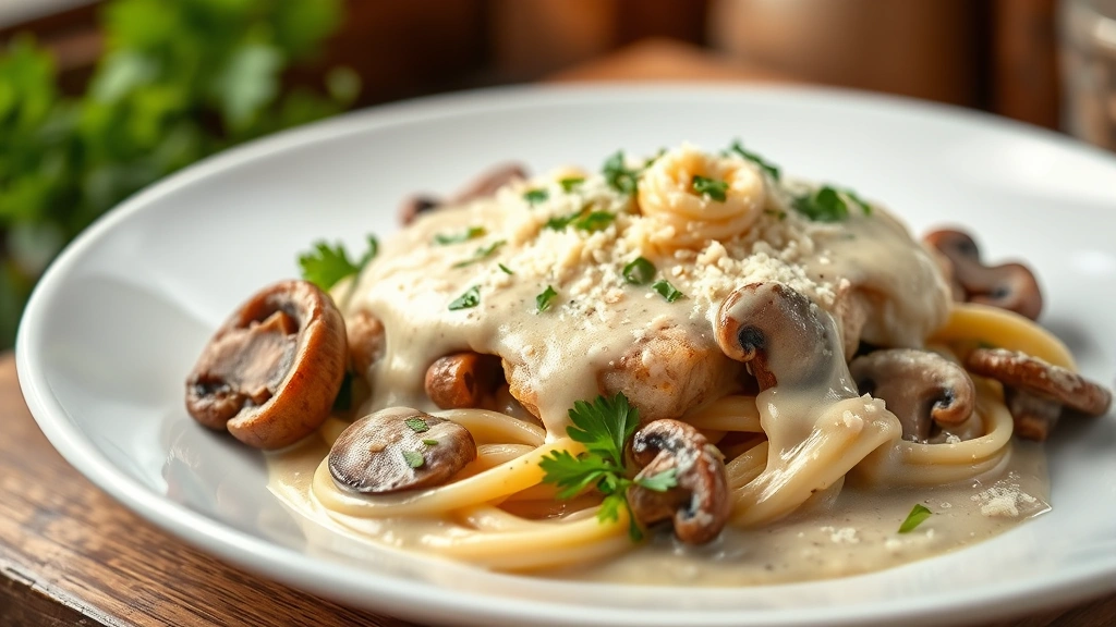 hero: lodestone recipe served on white plate, creamy sauce coating tender protein and mushrooms, garnished with fresh parsley and Parmesan cheese, photorealistic, natural window light, shallow depth of field, no text