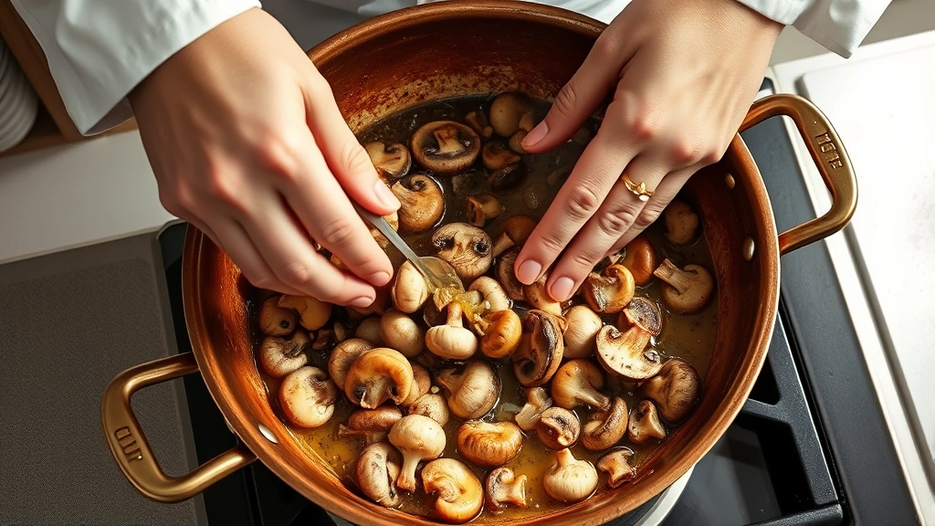 process: chef's hands stirring mushrooms and shallots in copper skillet with melted butter, photorealistic, natural kitchen light, overhead angle, no text