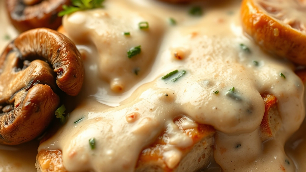 detail: close-up of creamy sauce coating protein with mushrooms, showing rich texture and sauce consistency, photorealistic, macro photography, natural light, no text