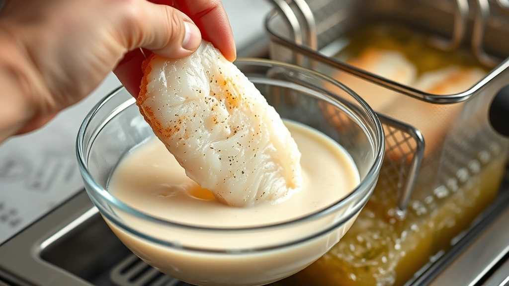 process: hand dipping fresh cod fillet into pale batter in glass bowl, oil bubbling in deep fryer in background, photorealistic, natural light, no text