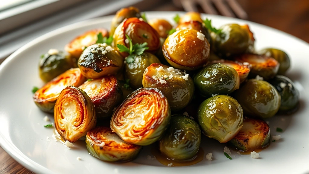 hero: Longhorn brussel sprouts on white plate, golden caramelized exterior, crispy charred edges, glossy garlic butter coating, garnished with fresh parsley and parmesan, warm steam rising, natural window light, shallow depth of field, professional food photography