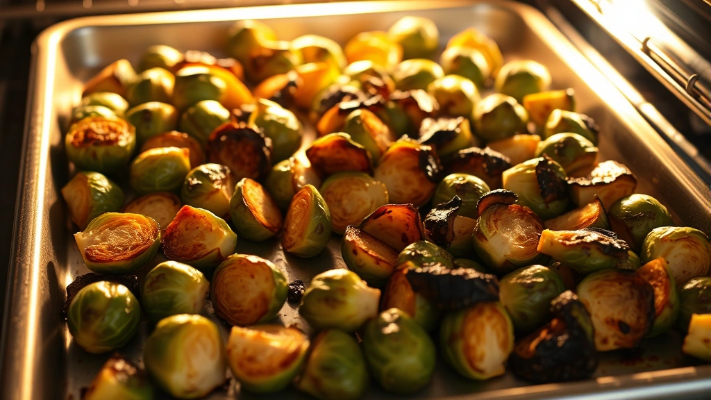 process: brussel sprouts cooking on sheet pan in oven, golden brown caramelization visible, some pieces deeply charred, natural oven light, close-up angle showing texture and color development