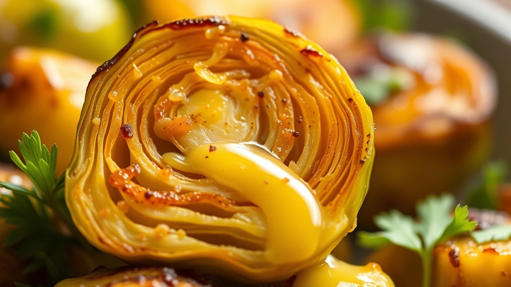 detail: close-up macro shot of single brussel sprout half, crispy caramelized cut surface, glossy garlic butter coating dripping, fresh parsley garnish, depth of field emphasizing texture, warm natural light highlighting golden brown color