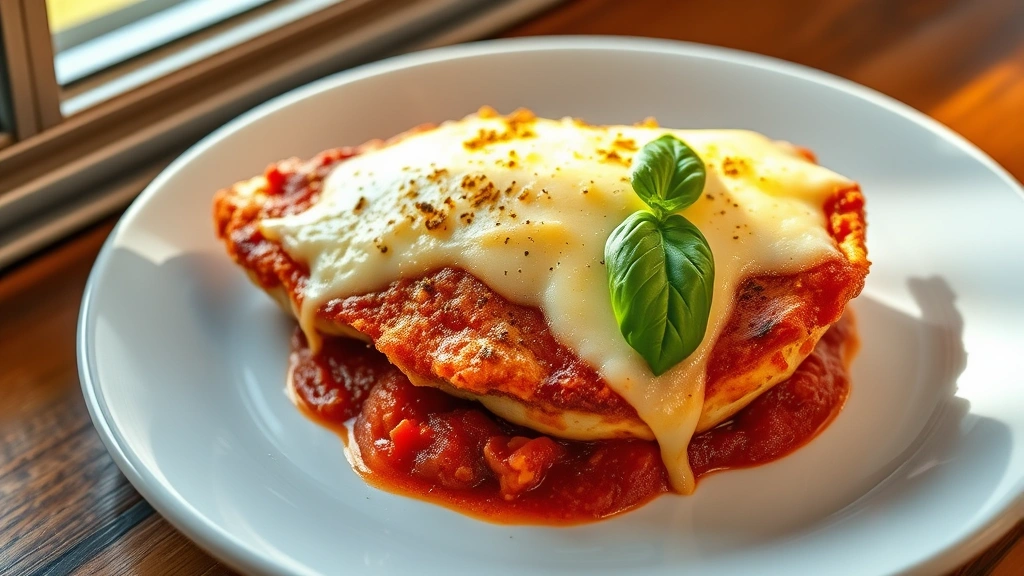 hero: perfectly cooked Longhorn Parmesan Chicken with melted golden mozzarella and Parmesan cheese on top, rich red marinara sauce visible underneath, fresh basil garnish, served on a white plate, warm natural light from side window, restaurant quality plating, no text visible