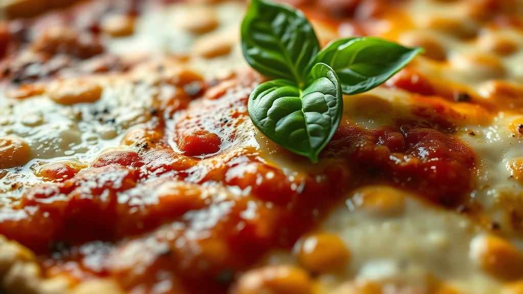 detail: extreme close-up of the finished dish showing the crispy melted cheese with golden brown spots, marinara sauce peeking through, fresh basil leaf on top, shallow depth of field, warm natural light, luxurious food photography, no text